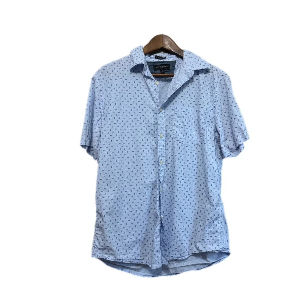 Banana‎ Republic Button Down Shirt Mens M Blue Excellent Geometric Short Sleeve